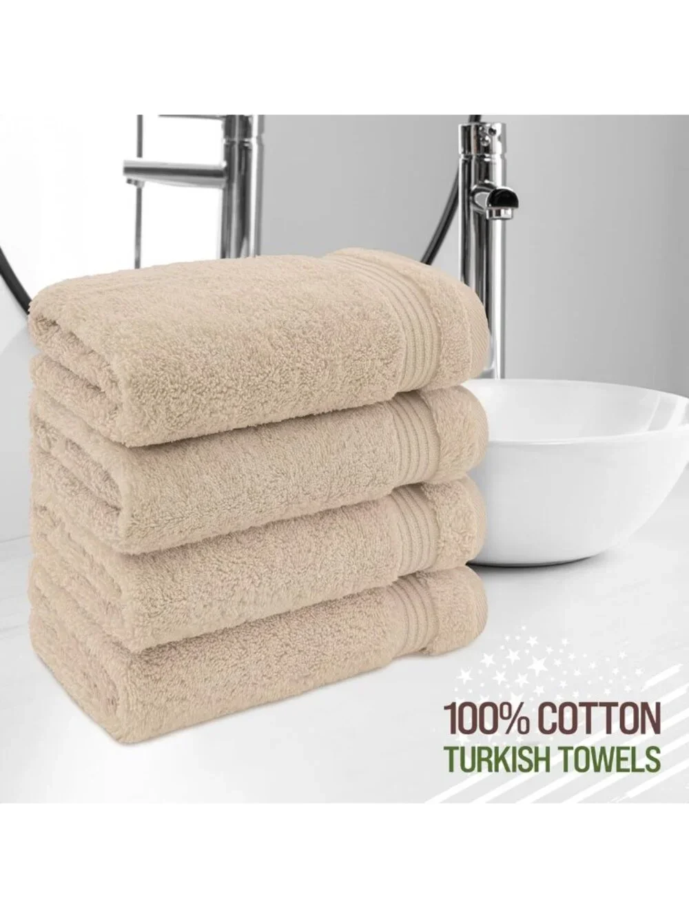 Soft 100% Cotton Hand Towels Set of 4 - Turkish Bathroom Face Towels, Beige
